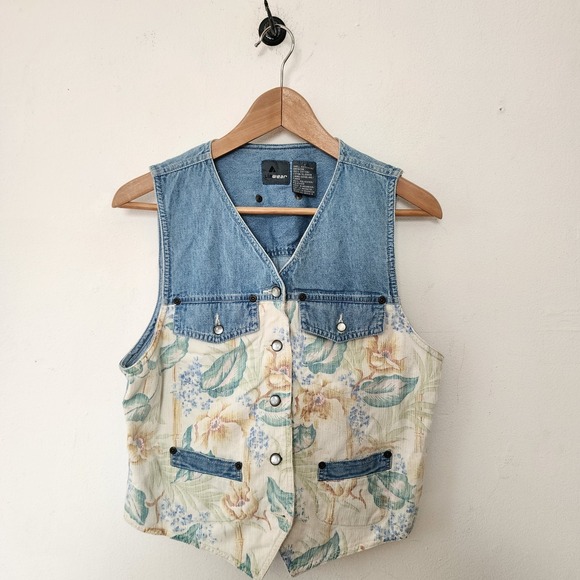 Vintage 90s Lizwear Denim Floral Vest Women's S Western Cottagecore Country Boho - Picture 2 of 4